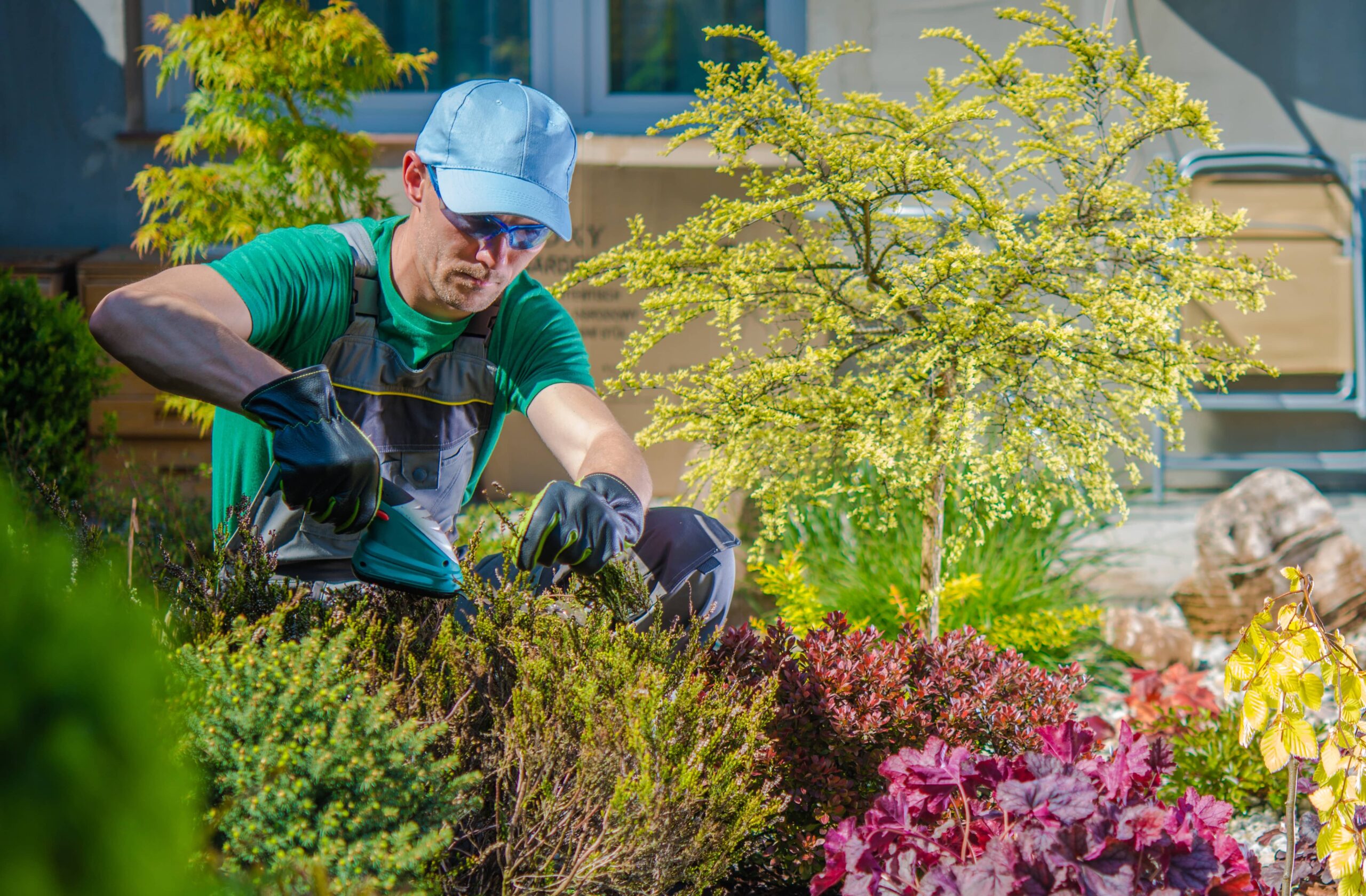 Powerhouse technician performing commercial landscaping maintenance on shrubs at a retail property.